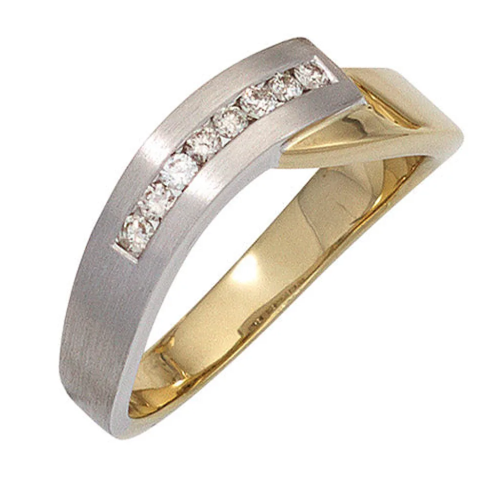 Damen Ring 585 Gold Gelbgold Weißgold bicolor teilmatt 8 Diamanten Brillanten-58