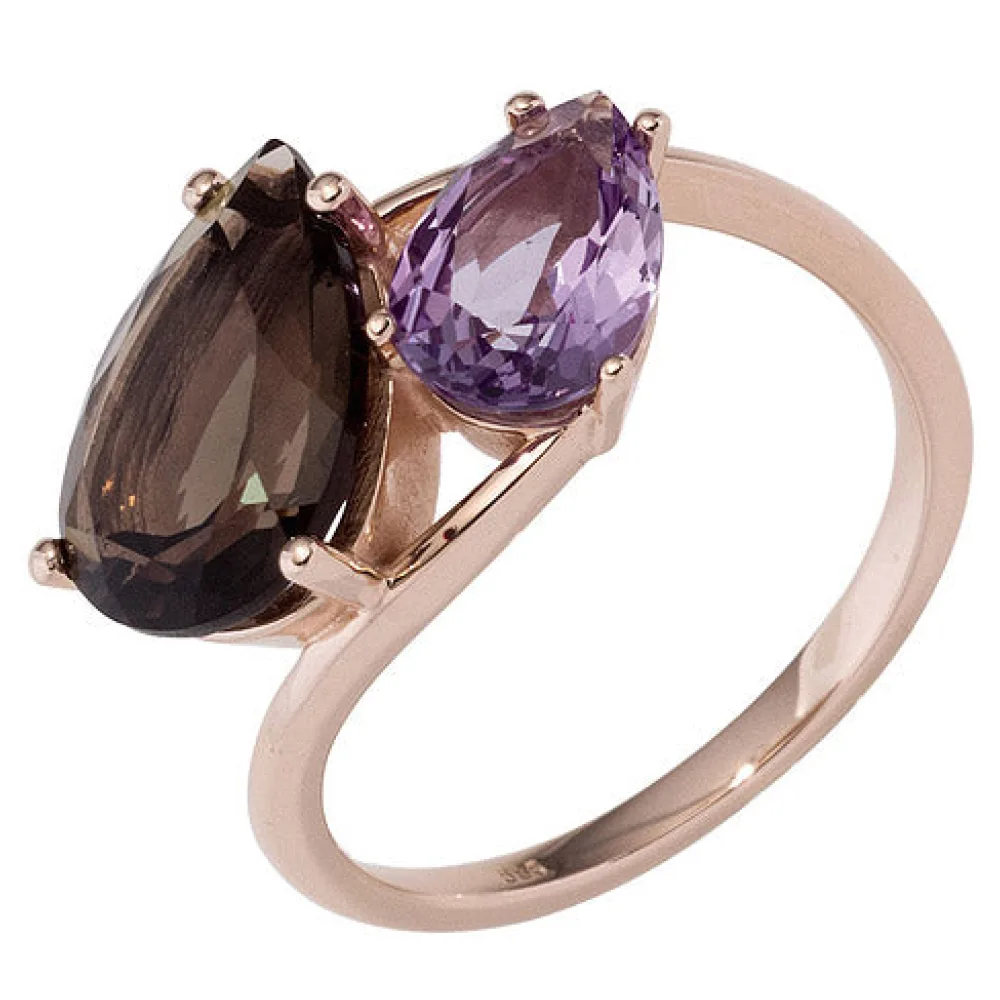 Damen Ring 585 Gold Rotgold 1 Rauchquarz braun 1 Amethyst lila violett Goldring-56