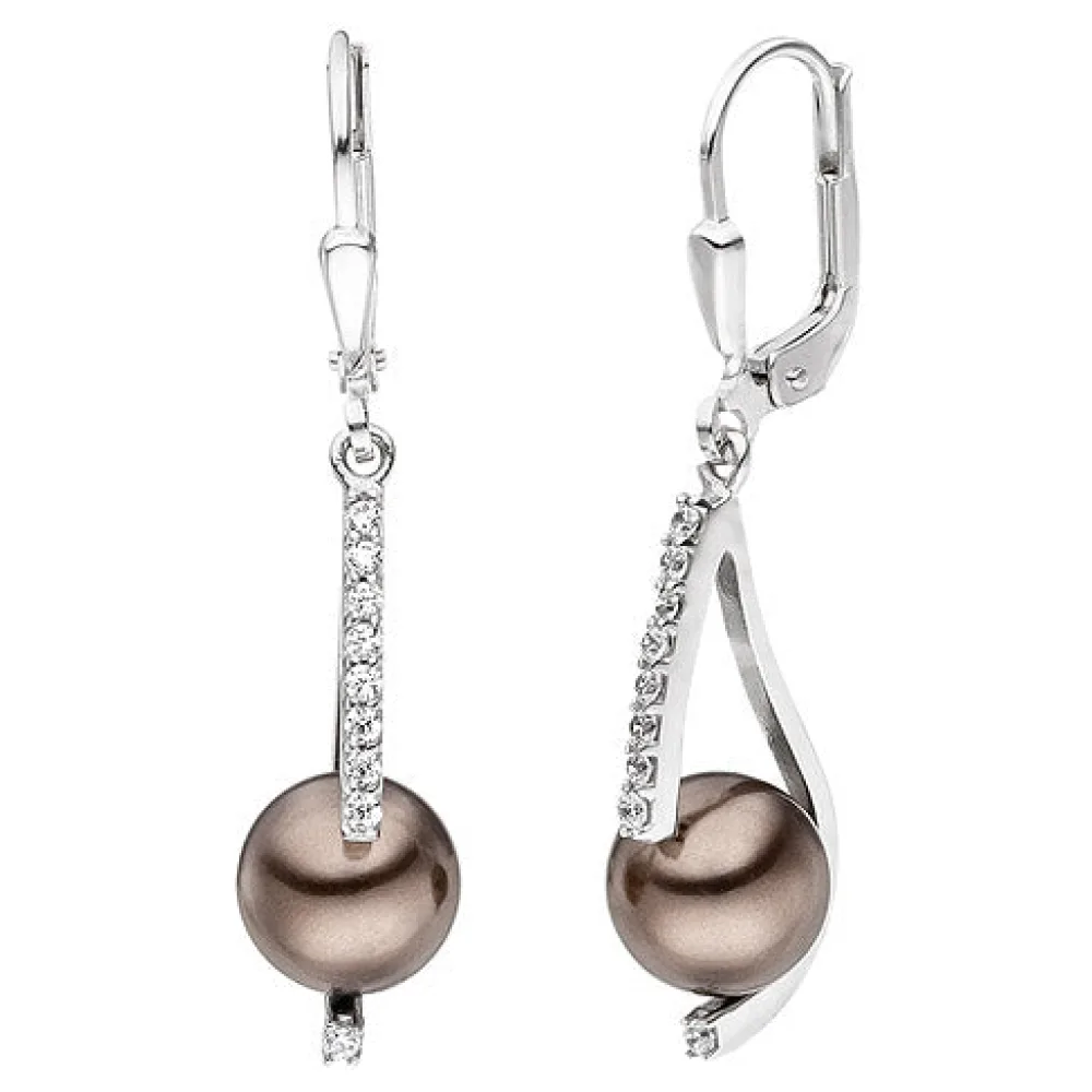 Ohrhänger 925 Sterling Silber 2 Perlen braun 18 Zirkonia Ohrringe Perlenohrringe