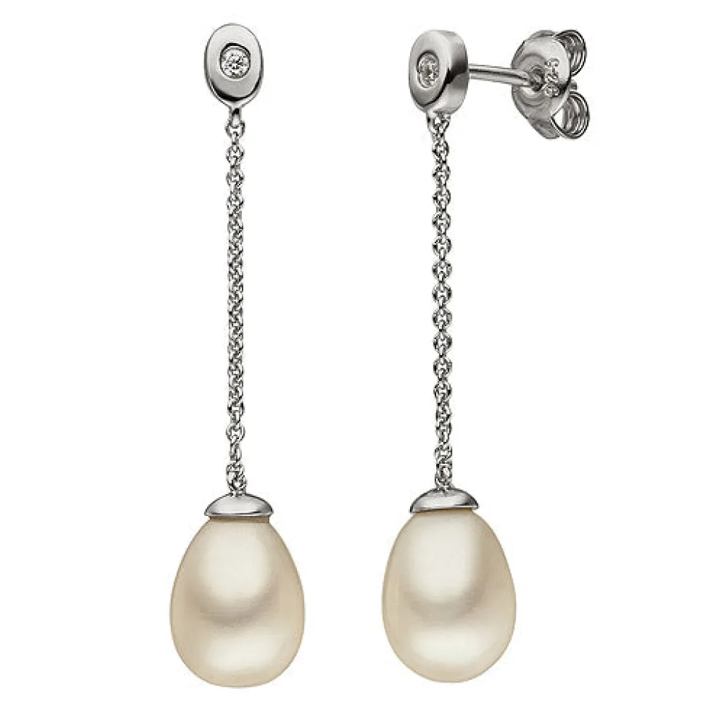 Ohrhänger 925 Sterling Silber 2 Süßwasser Perlen 2 Zirkonia Ohrringe