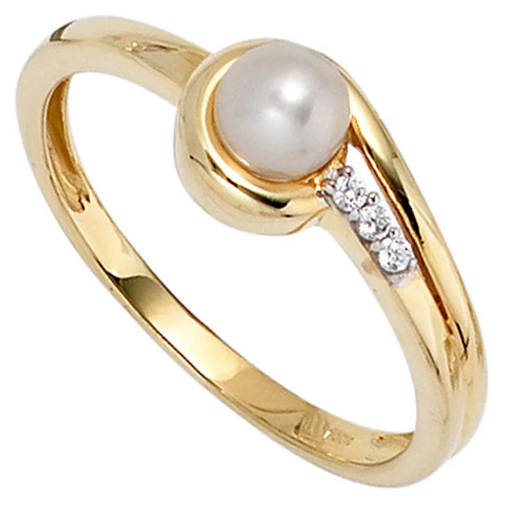 Damen Ring 333 Gold Gelbgold 1 Süßwasser Perle 3 Zirkonia Goldring Perlenring-54