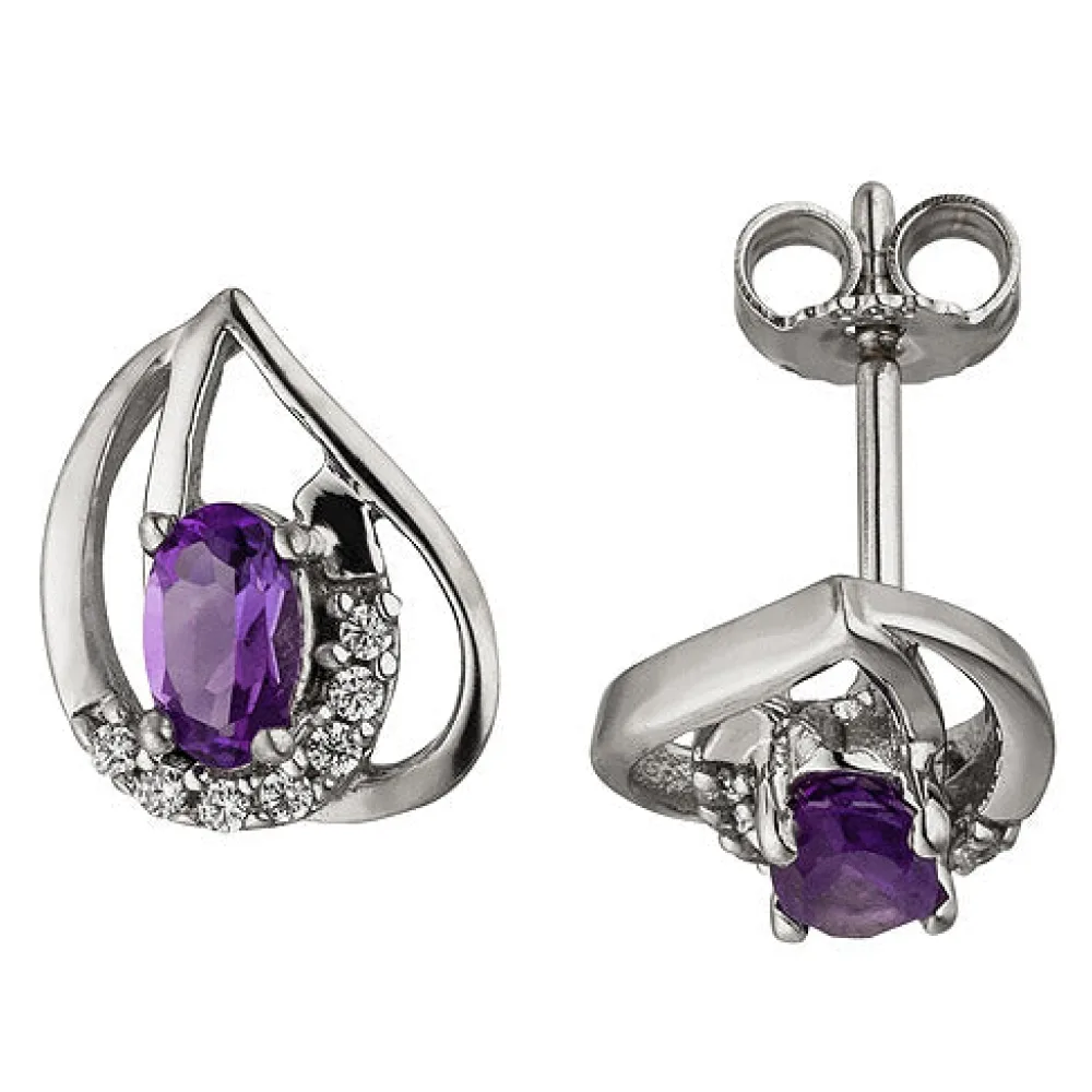 Ohrstecker 333 Gold Weißgold 14 Zirkonia 2 Amethyste lila violett Ohrringe