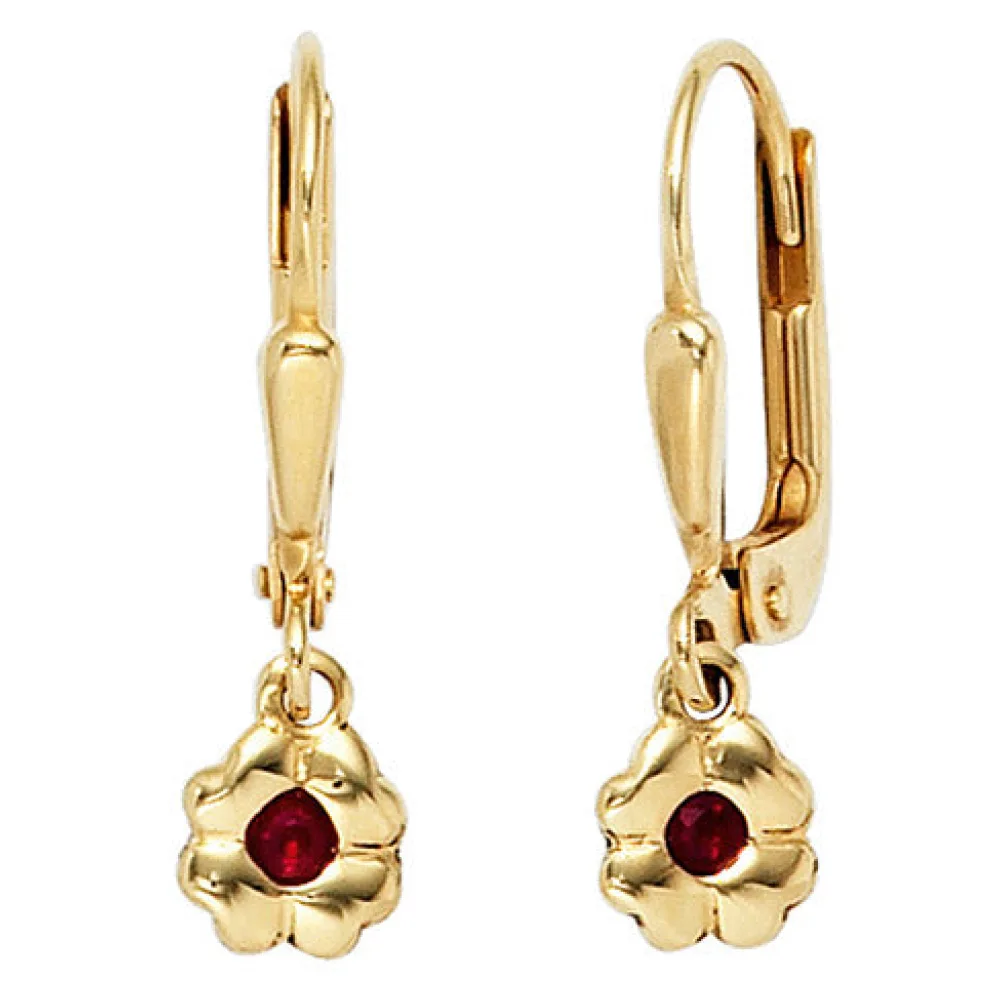 Kinder Boutons Blume 333 Gold Gelbgold 2 Rubine rot Ohrringe Ohrhänger