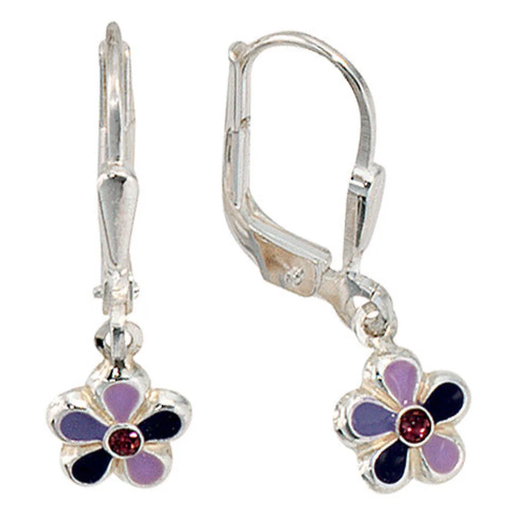 Kinder Boutons Blume 925 Silber 2 Glassteine lila violett Ohrringe Ohrhänger