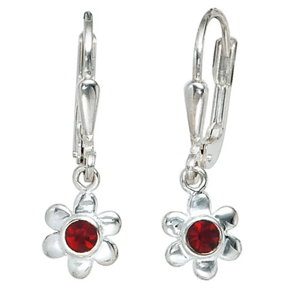 Kinder Boutons Blume 925 Silber 2 rote Glassteine Ohrringe Ohrhänger