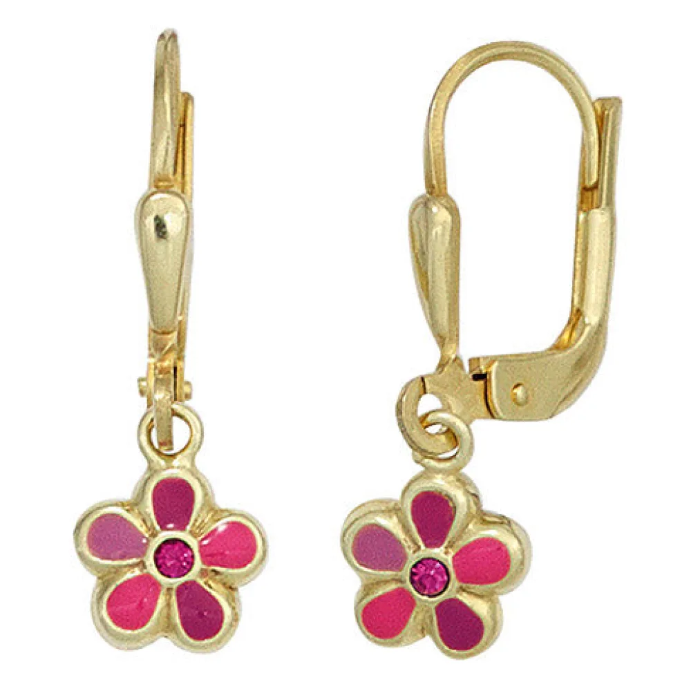 Kinder Boutons Blume rot 333 Gold Gelbgold Ohrringe Ohrhänger Kinderohrringe