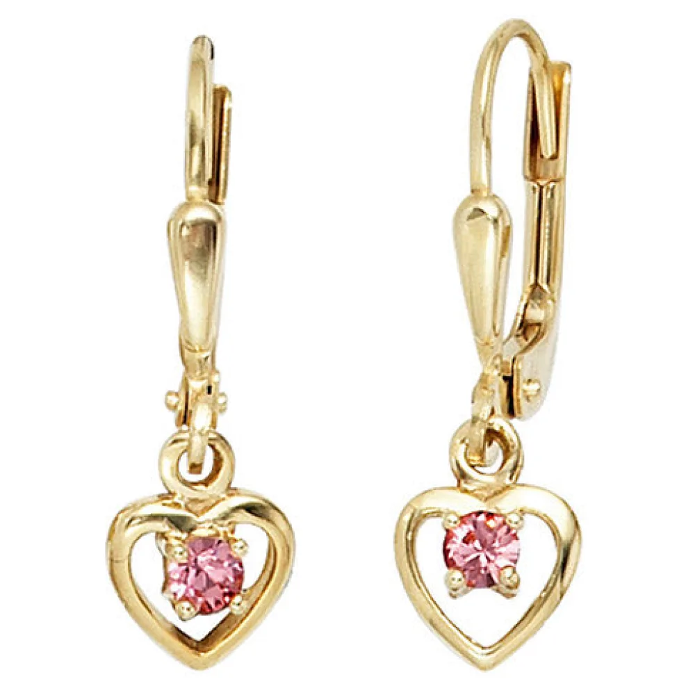 Kinder Boutons Herz 333 Gold Gelbgold 2 Glassteine rosa rosé Ohrringe Ohrhänger