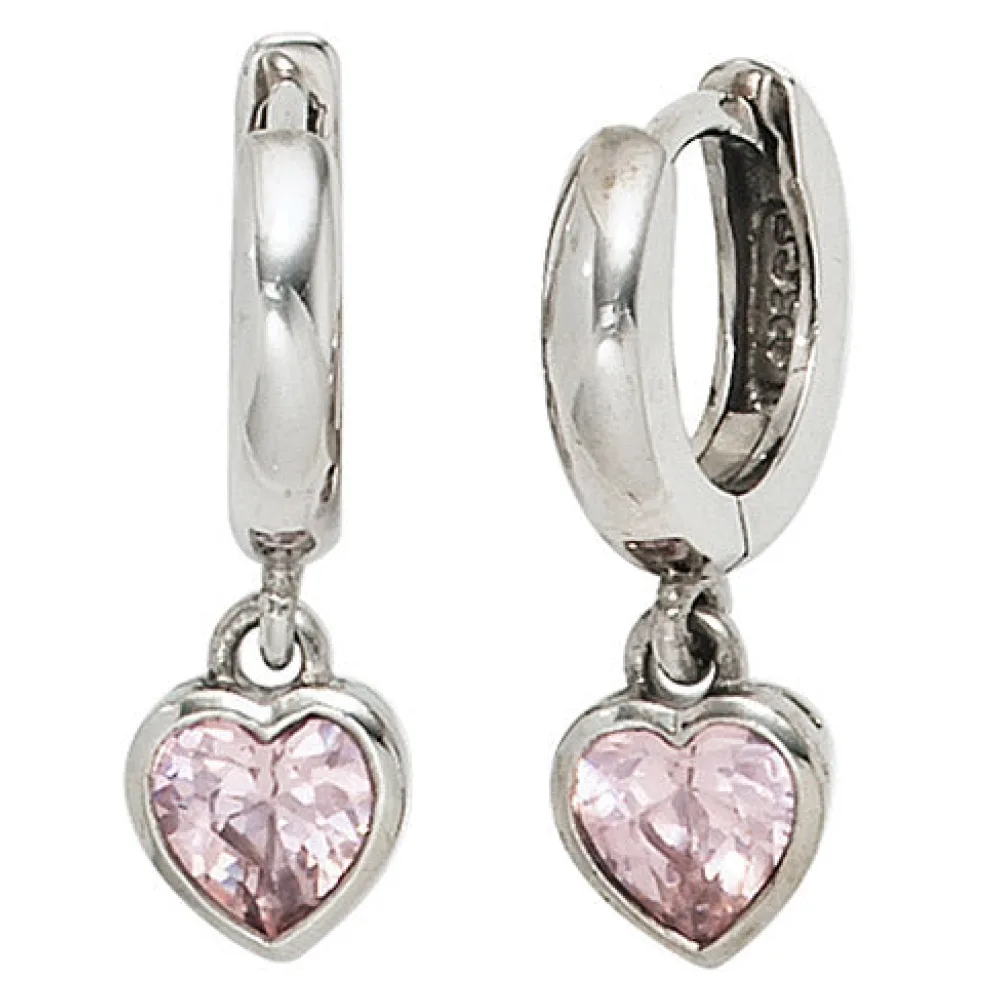Kinder Creolen Herz 925 Silber 2 Zirkonia rosa rosé Ohrringe Kinderohrringe