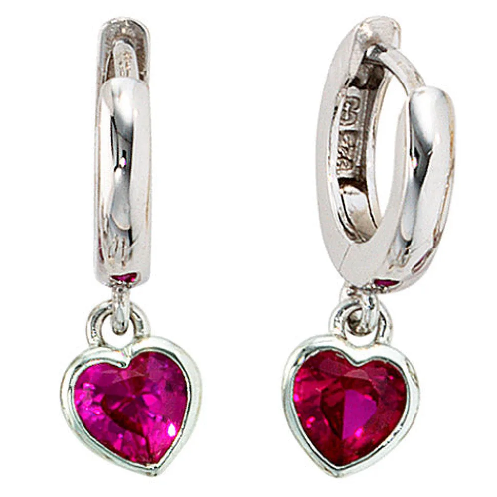 Kinder Creolen Herz 925 Sterling Silber 2 Zirkonia rot Ohrringe Kinderohrringe