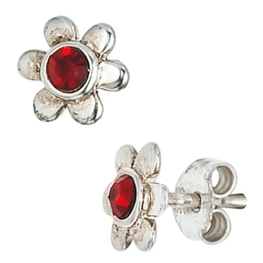 Kinder Ohrstecker Blume 925 Silber 2 Glassteine rot Ohrringe Kinderohrringe