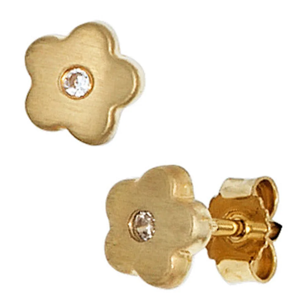 Kinder Ohrstecker Blume Blumen 333 Gold Gelbgold mattiert 2 Zirkonia Ohrringe