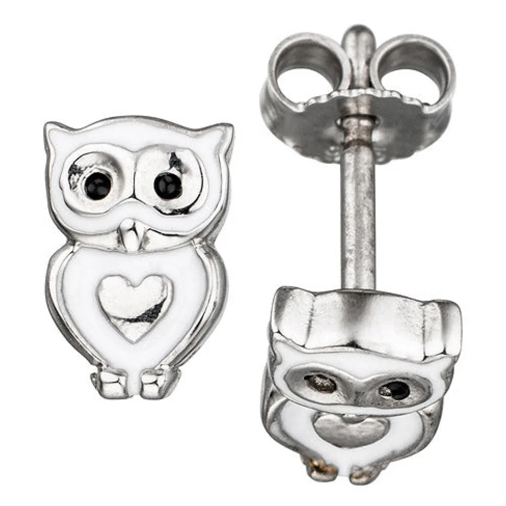 Kinder Ohrstecker Eule Herz 925 Silber mit Lackeinlage Ohrringe Kinderohrringe
