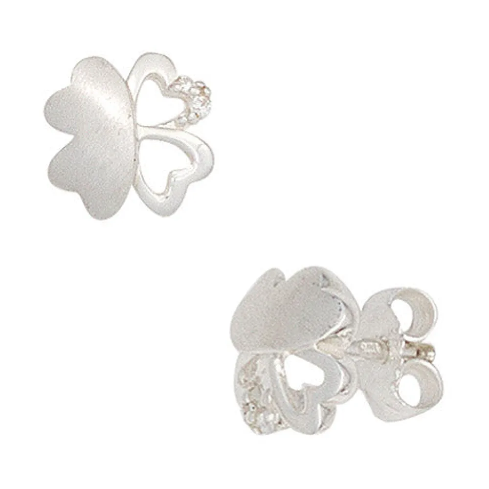 Kinder Ohrstecker Kleeblatt 925 Silber mattiert mit Zirkonia Ohrringe