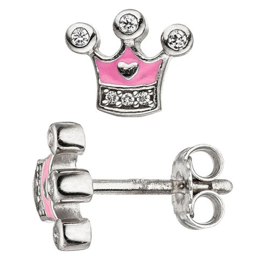 Kinder Ohrstecker Krone 925 Silber mit Zirkonia Ohrringe rosa Kinderohrringe