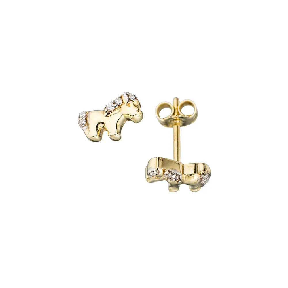Kinder Ohrstecker Pferd Pferde 333 Gold Gelbgold bicolor mit Zirkonia Ohrringe