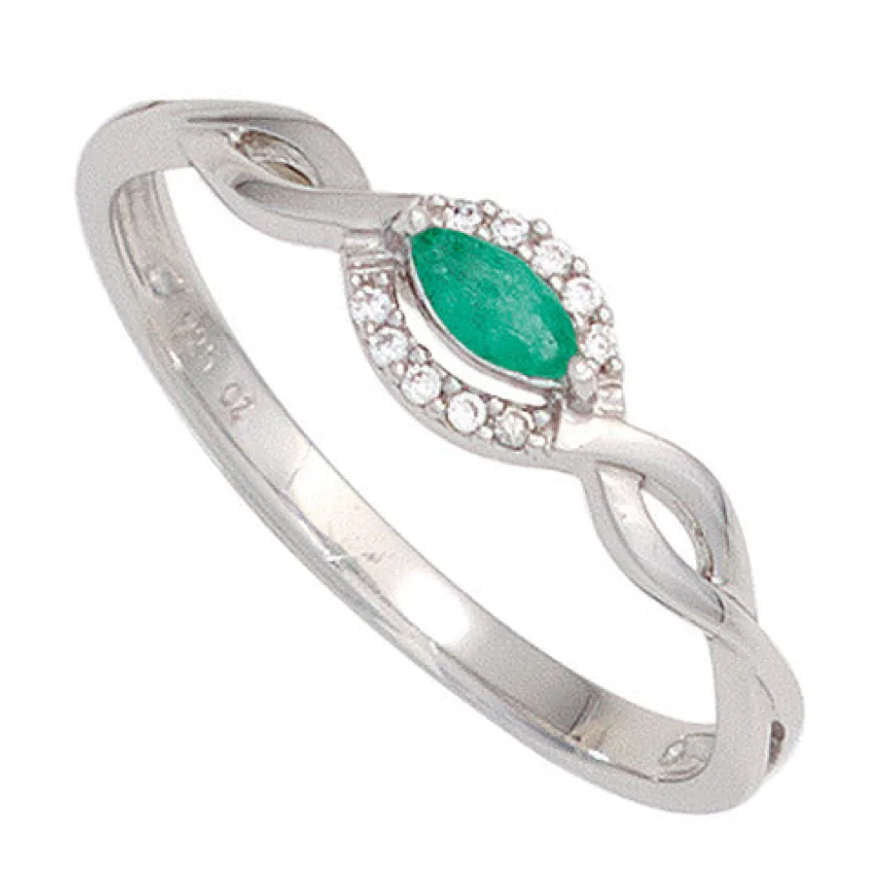 Damen Ring 333 Gold Weißgold 1 Smaragd grün 10 Diamanten Brillanten Goldring-52