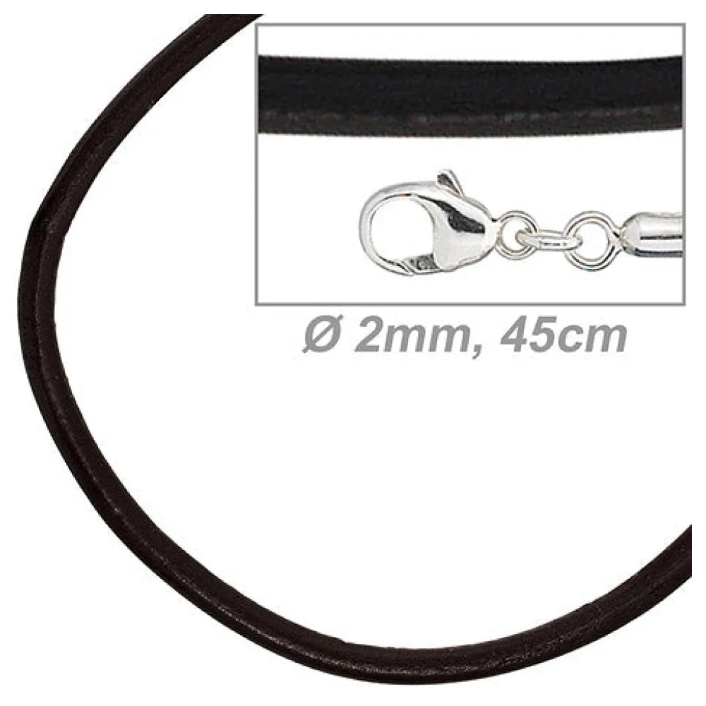 Leder Halskette Kette Schnur schwarz 45 cm Karabiner 925 Sterling Silber