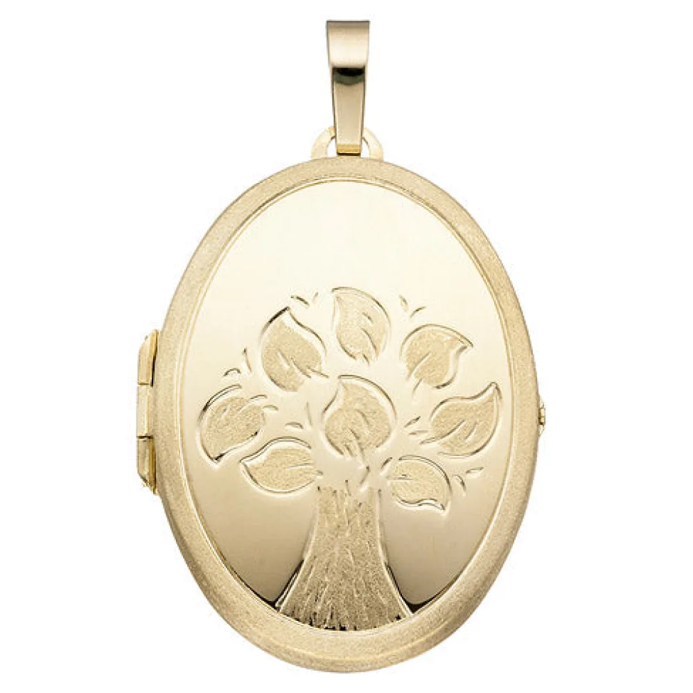 Medaillon Baum oval für 2 Fotos 585 Gold Gelbgold matt Anhänger zum Öffnen
