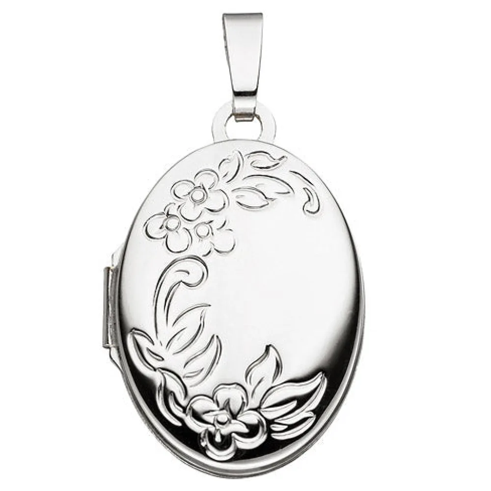 Medaillon Blumen oval für 2 Fotos 585 Gold Weißgold Anhänger zum Öffnen