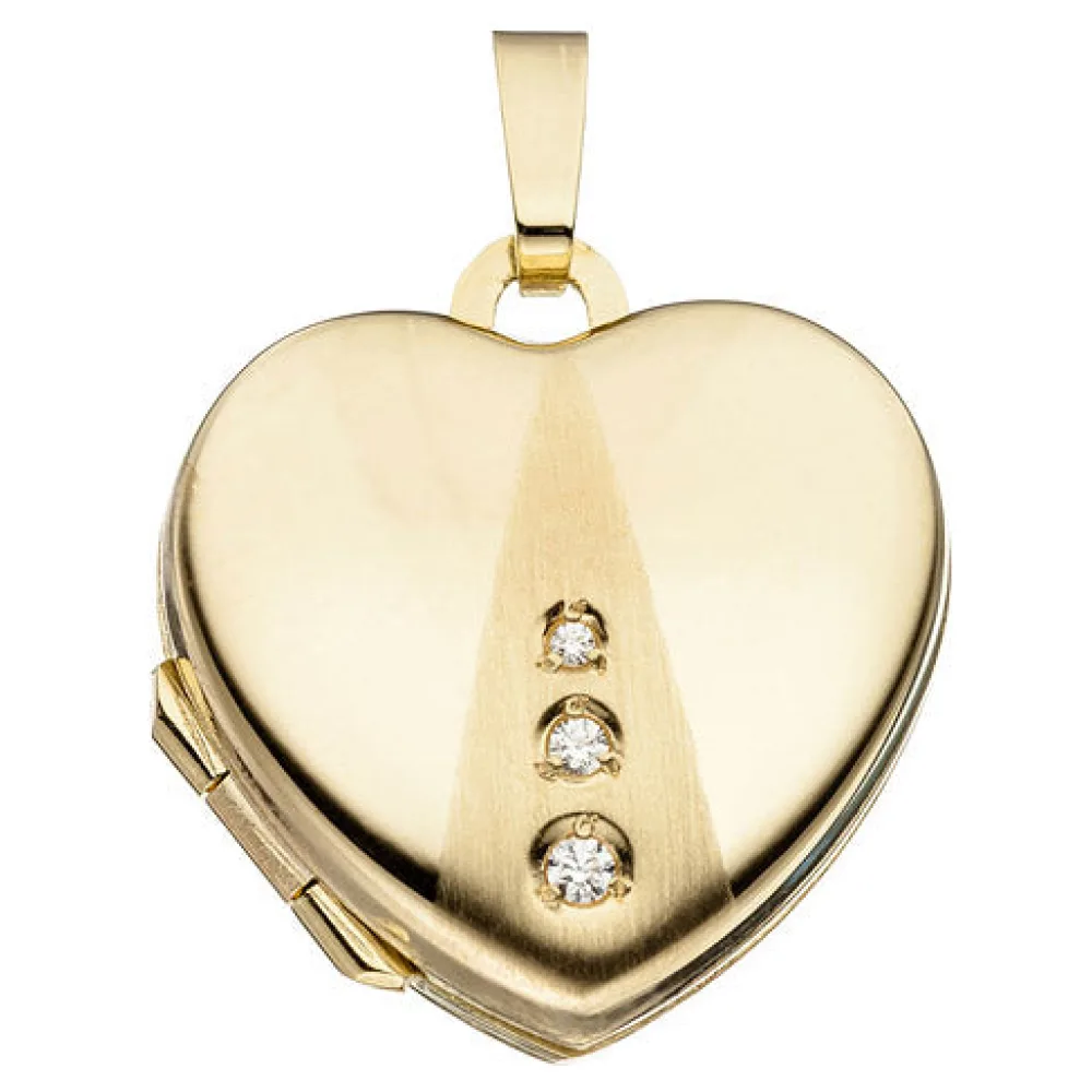 Medaillon Herz 333 Gold Gelbgold mattiert 3 Zirkonia Anhänger zum Öffnen