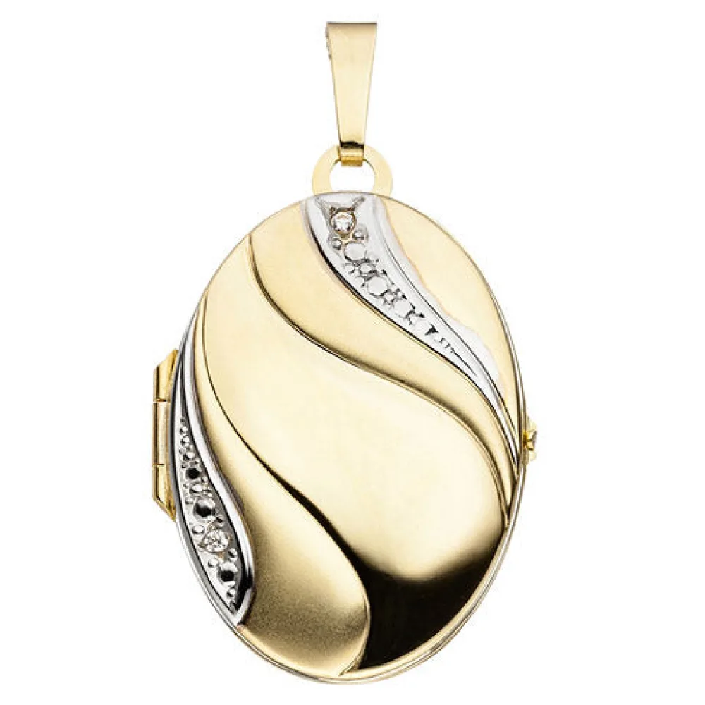 Medaillon oval 333 Gold Gelbgold bicolor mattiert 2 Zirkonia Anhänger zum Öffnen