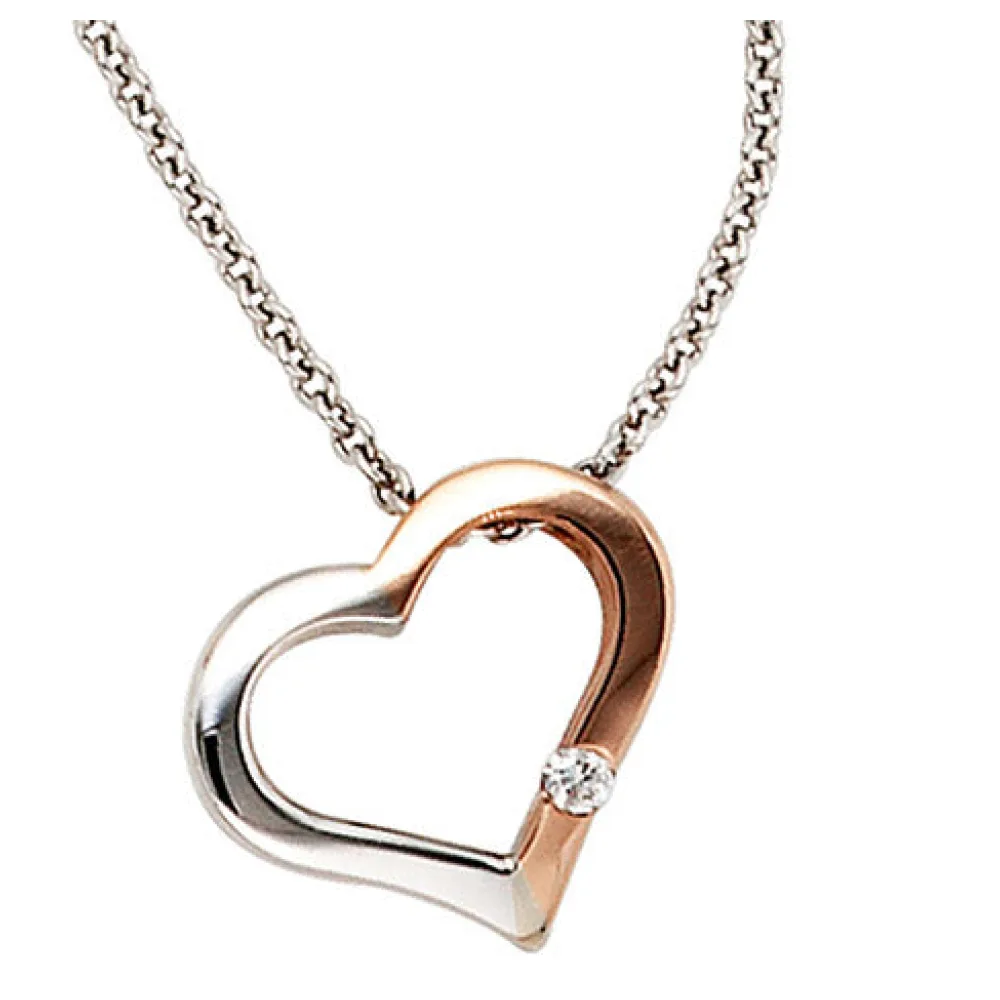 Collier Kette mit Anhänger Herz 585 Gold bicolor 1 Diamant Brillant 42 cm