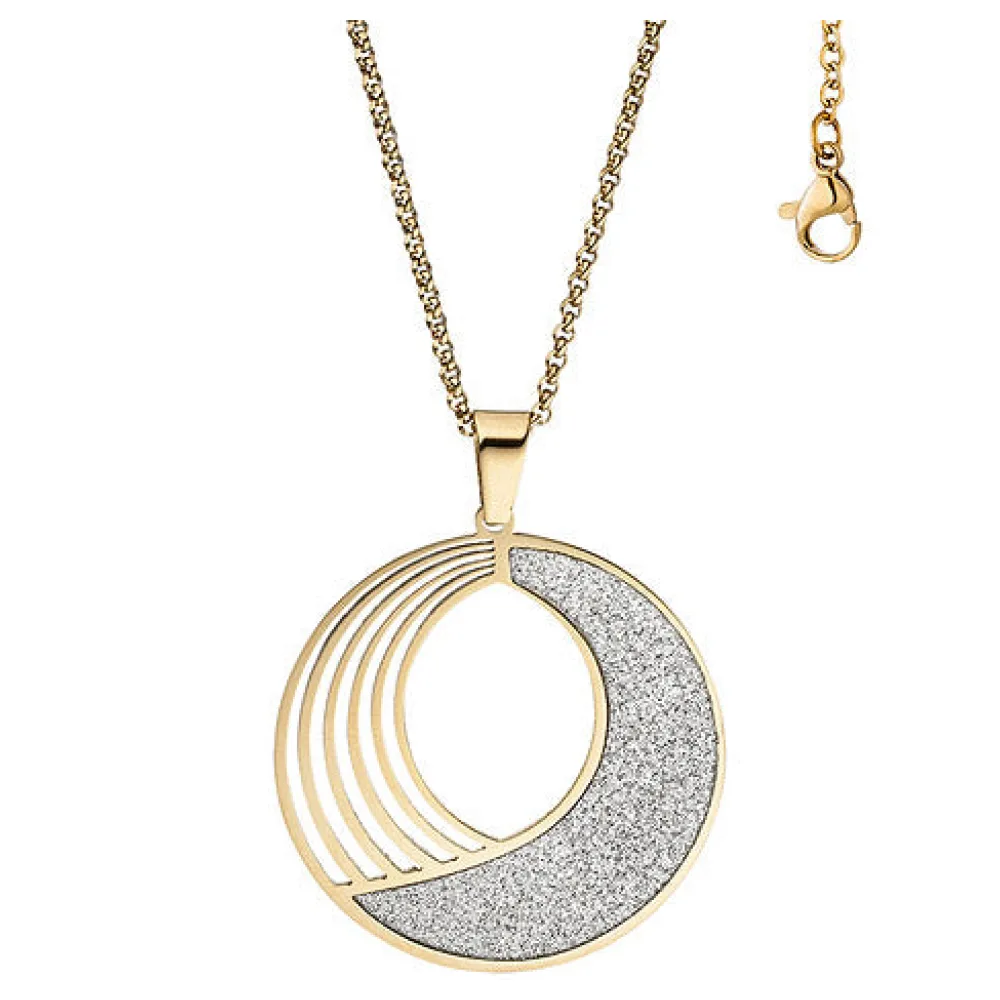 Collier Kette mit Anhänger rund Edelstahl gold farben mit Glitzer-Effekt 80 cm