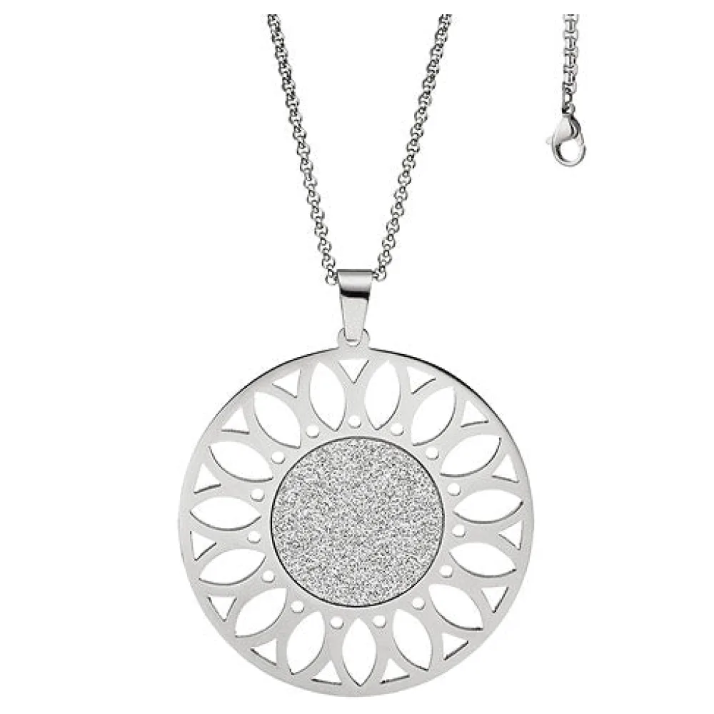 Collier Kette mit Anhänger rund Edelstahl mit Glitzer-Effekt 80 cm verkürzbar