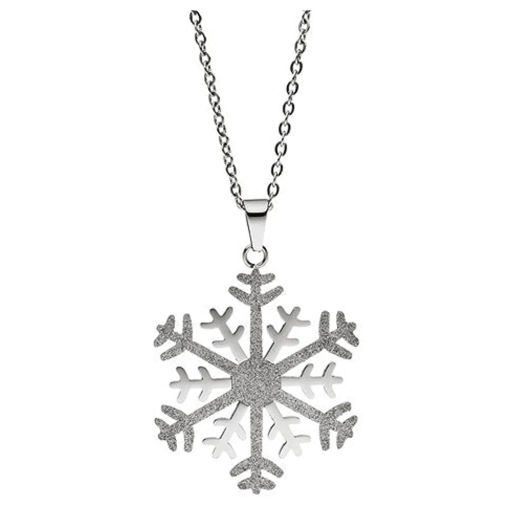 Collier Kette mit Anhänger Schneeflocke Edelstahl bicolor Glitzer-Effekt 42 cm