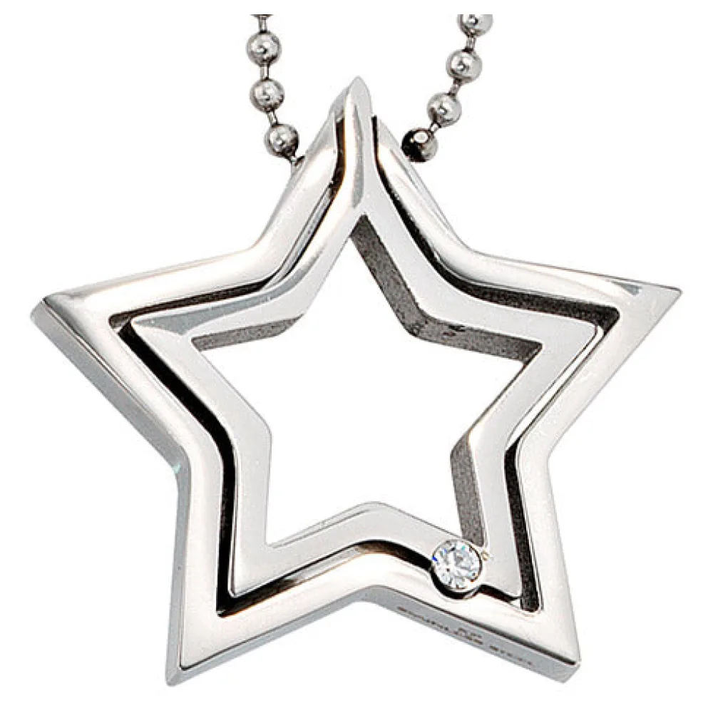 Collier Kette mit Anhänger Stern Edelstahl 1 Kristall 48 cm Halskette