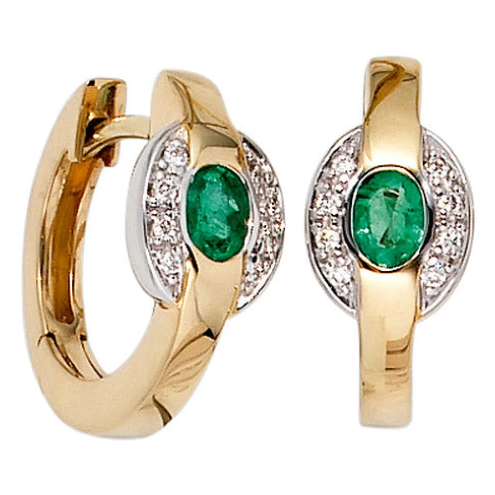 Creolen 585 Gold Gelbgold bicolor 16 Diamanten 2 Smaragde grün Ohrringe