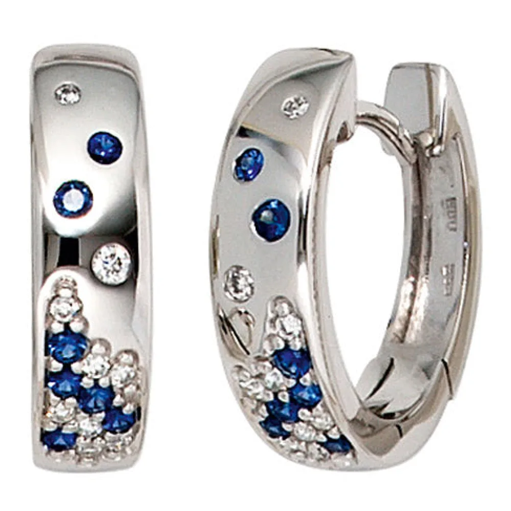 Creolen 585 Gold Weißgold 18 Diamanten Brillanten 14 Safire blau Ohrringe