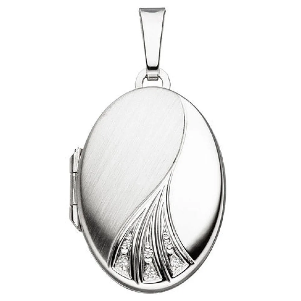 Medaillon oval 375 Gold Weißgold mattiert 3 Zirkonia Anhänger zum Öffnen