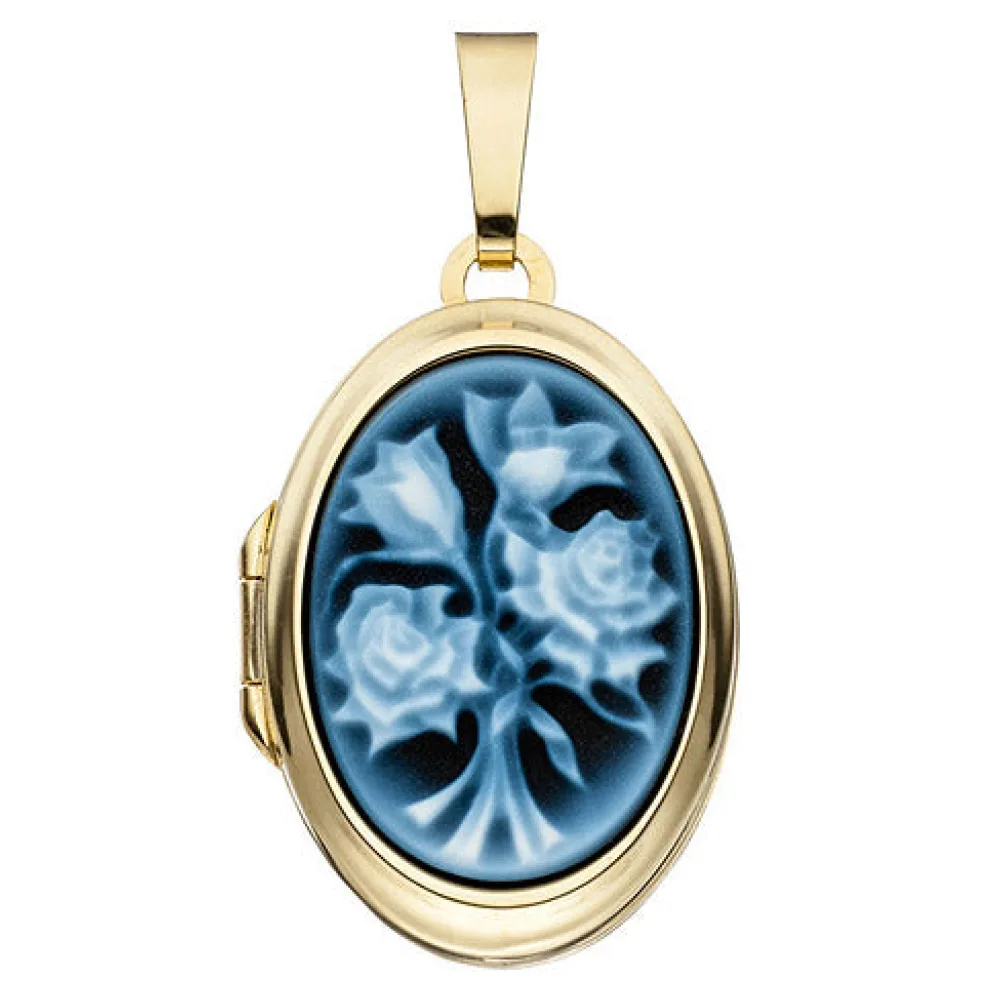 Medaillon oval 585 Gold Gelbgold 1 Lagen Kamee Blumen Anhänger zum Öffnen