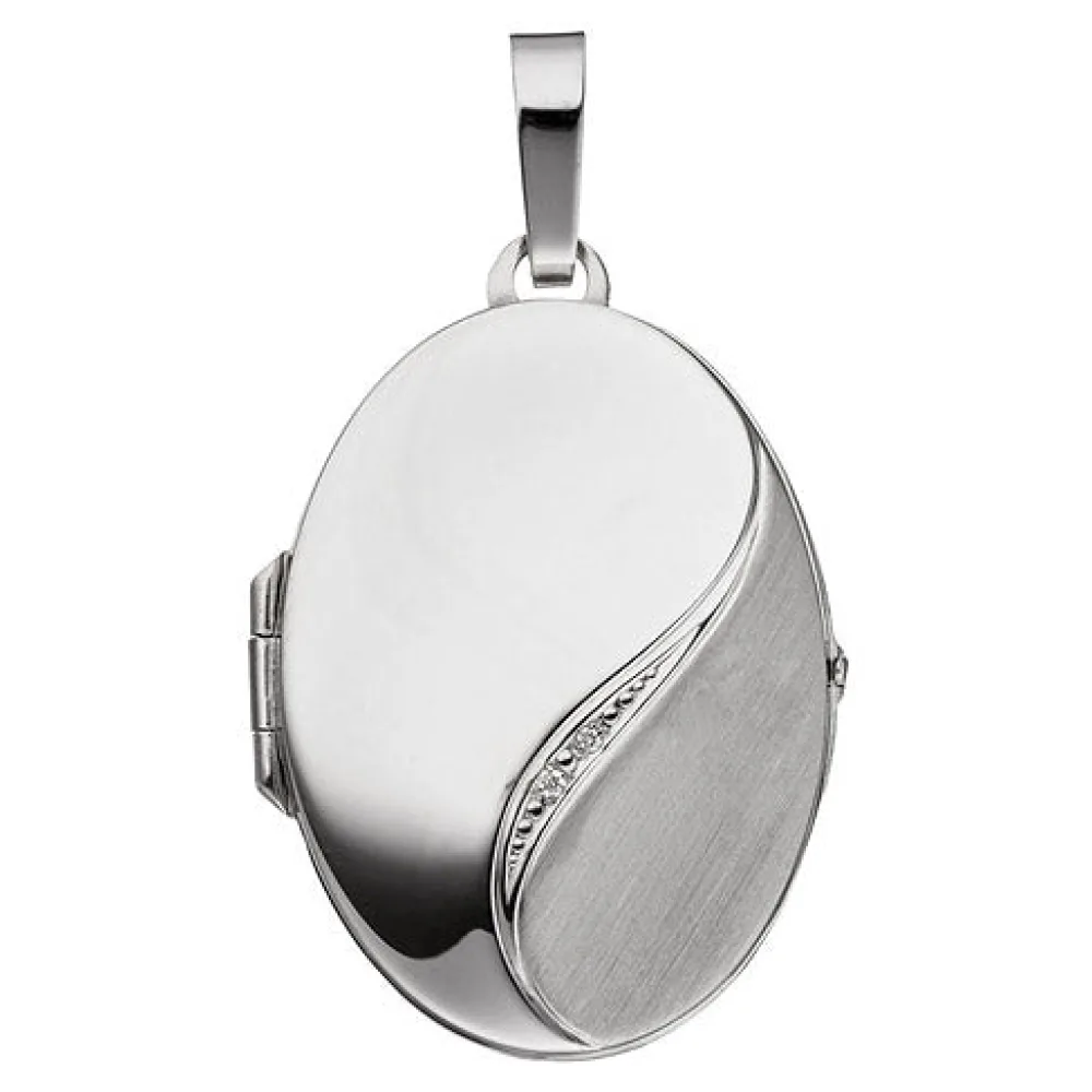 Medaillon oval 585 Gold Weißgold mattiert 2 Diamanten Anhänger zum Öffnen