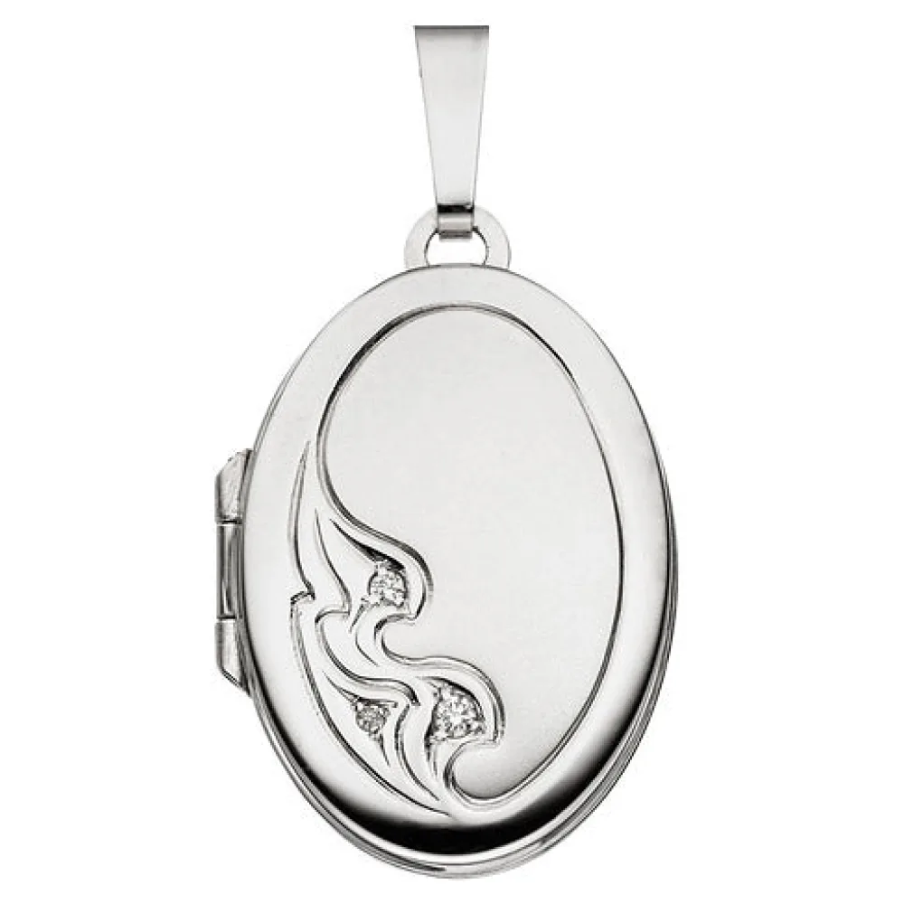 Medaillon oval 585 Gold Weißgold mattiert 3 Diamanten Anhänger zum Öffnen