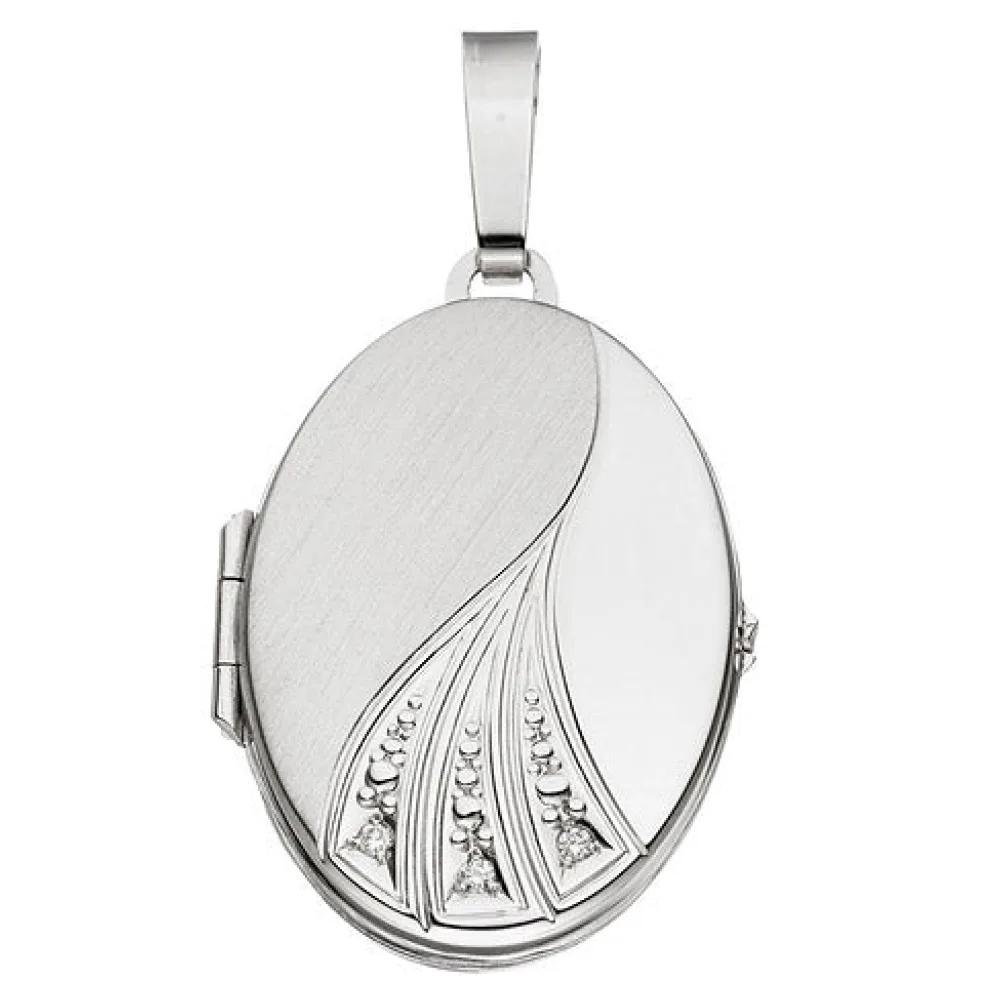 Medaillon oval 585 Gold Weißgold mattiert 3 Diamanten Anhänger zum Öffnen