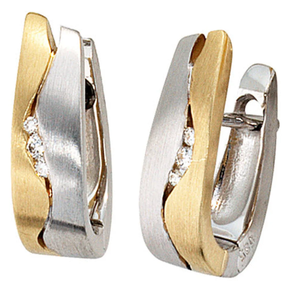 Creolen 585 Gold Weißgold Gelbgold bicolor matt 6 Diamanten Brillanten Ohrringe