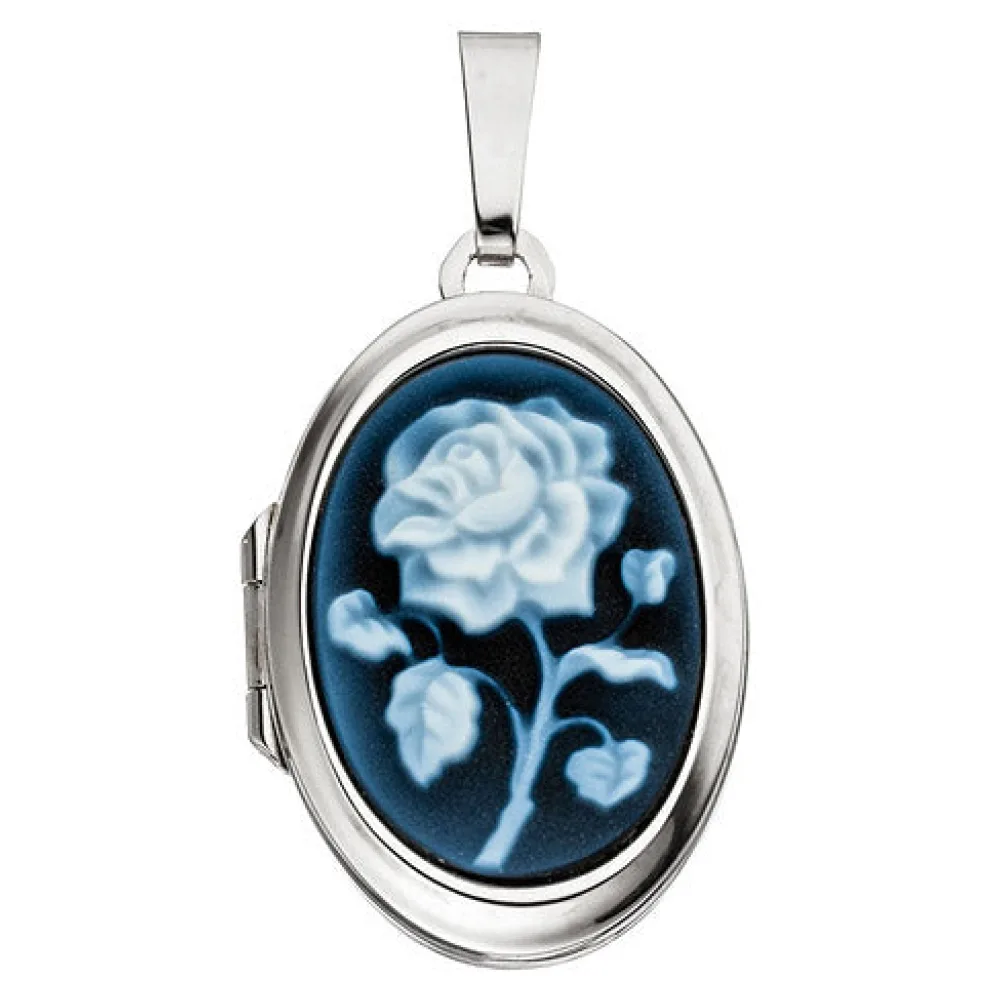 Medaillon oval 925 Sterling Silber 1 blaue Achatgemme zum Öffnen