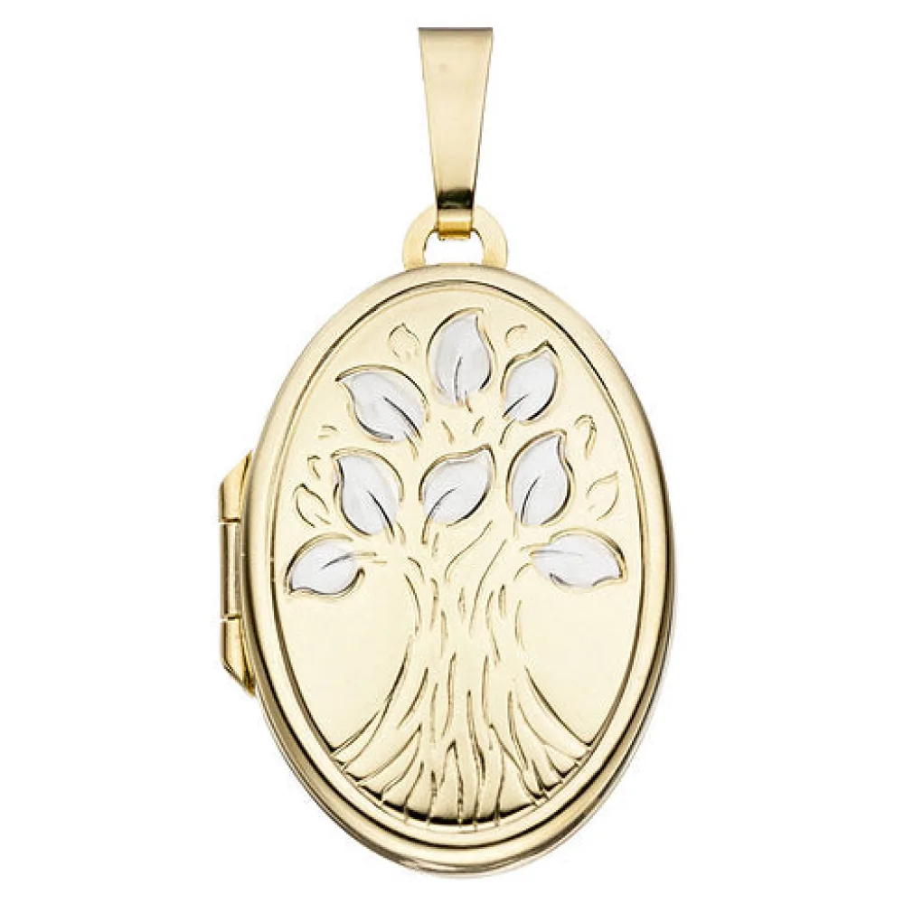 Medaillon oval Baum 585 Gold Gelbgold bicolor zum Öffnen für 2 Fotos