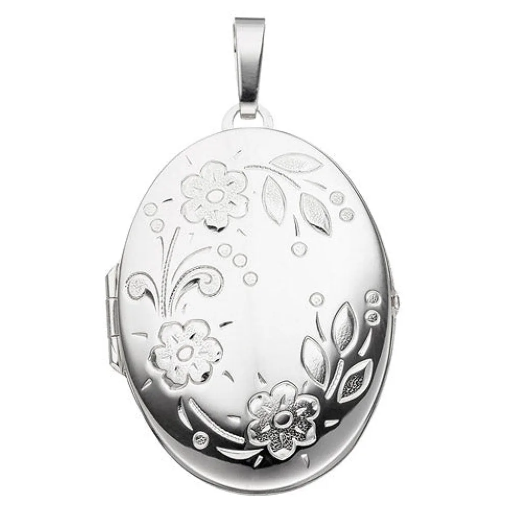 Medaillon oval Blumen für 2 Fotos 925 Sterling Silber Anhänger zum Öffnen
