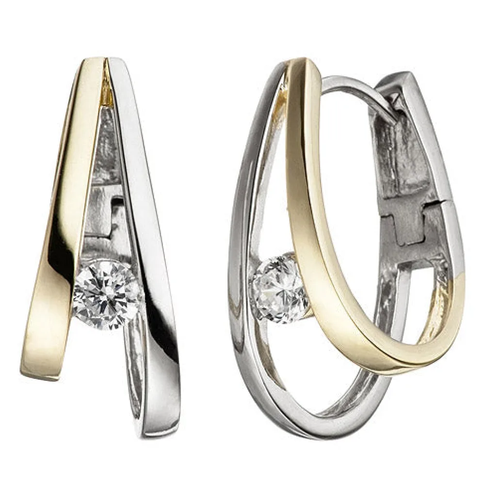 Creolen 925 Sterling Silber bicolor vergoldet 2 Zirkonia Ohrringe