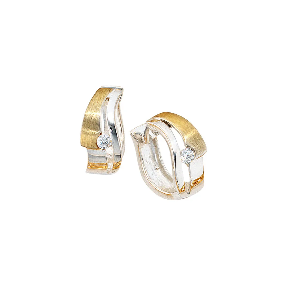 Creolen 925 Sterling Silber bicolor vergoldet mattiert 2 Zirkonia Ohrringe