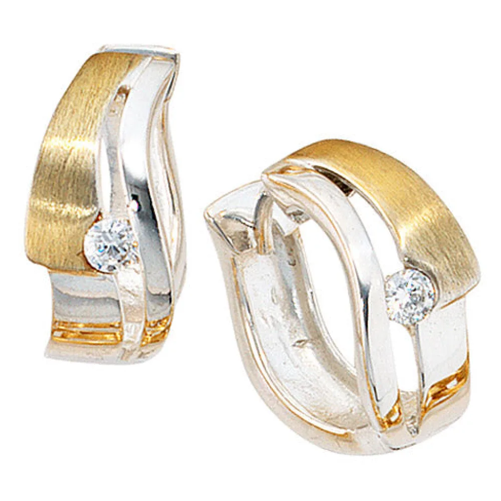 Creolen 925 Sterling Silber bicolor vergoldet mattiert 2 Zirkonia Ohrringe