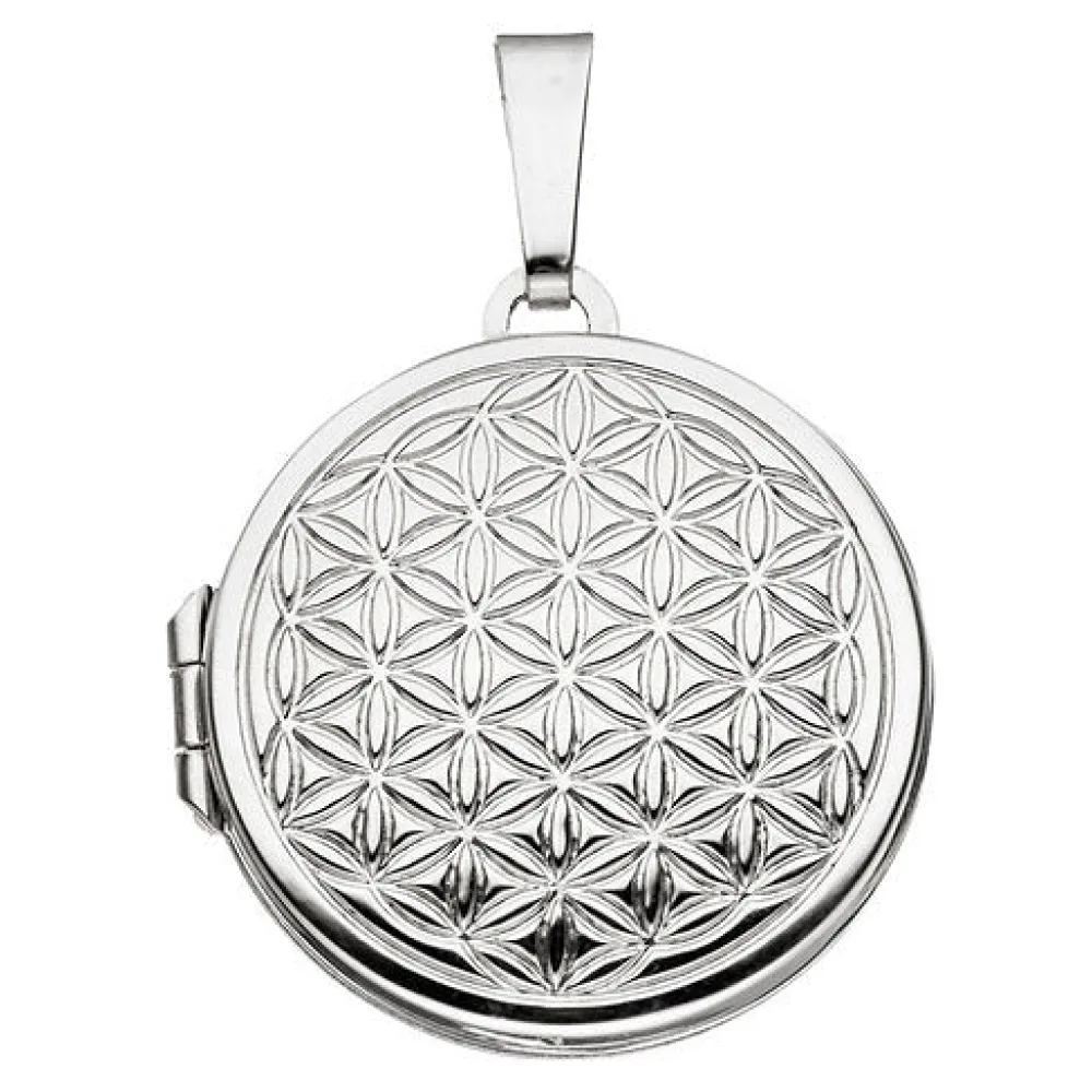 Medaillon rund Lebensblume 925 Sterling Silber rhodiniert zum Öffnen für 2 Fotos