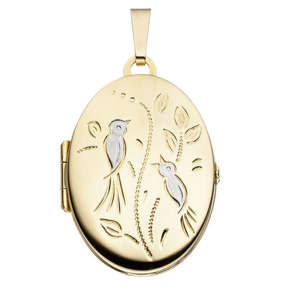 Medaillon Vögel oval für 2 Fotos 333 Gold Gelbgold matt Anhänger zum Öffnen