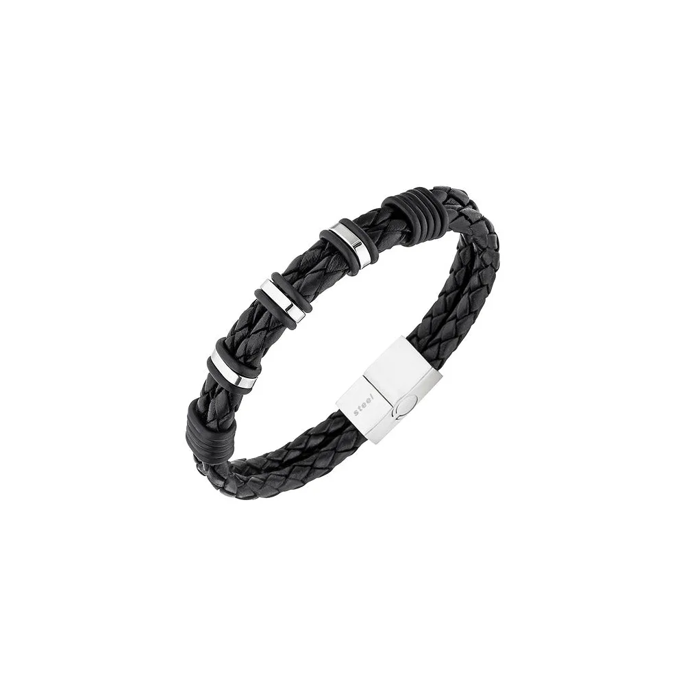 Herren Armband 2-reihig Leder schwarz mit Edelstahl 21 cm Herrenarmband