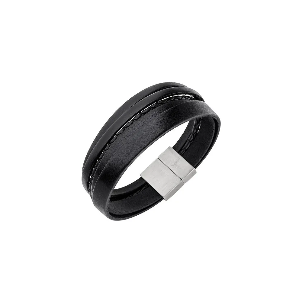 Herren Armband 5-reihig Leder schwarz geflochten Edelstahl 21 cm Herrenarmband