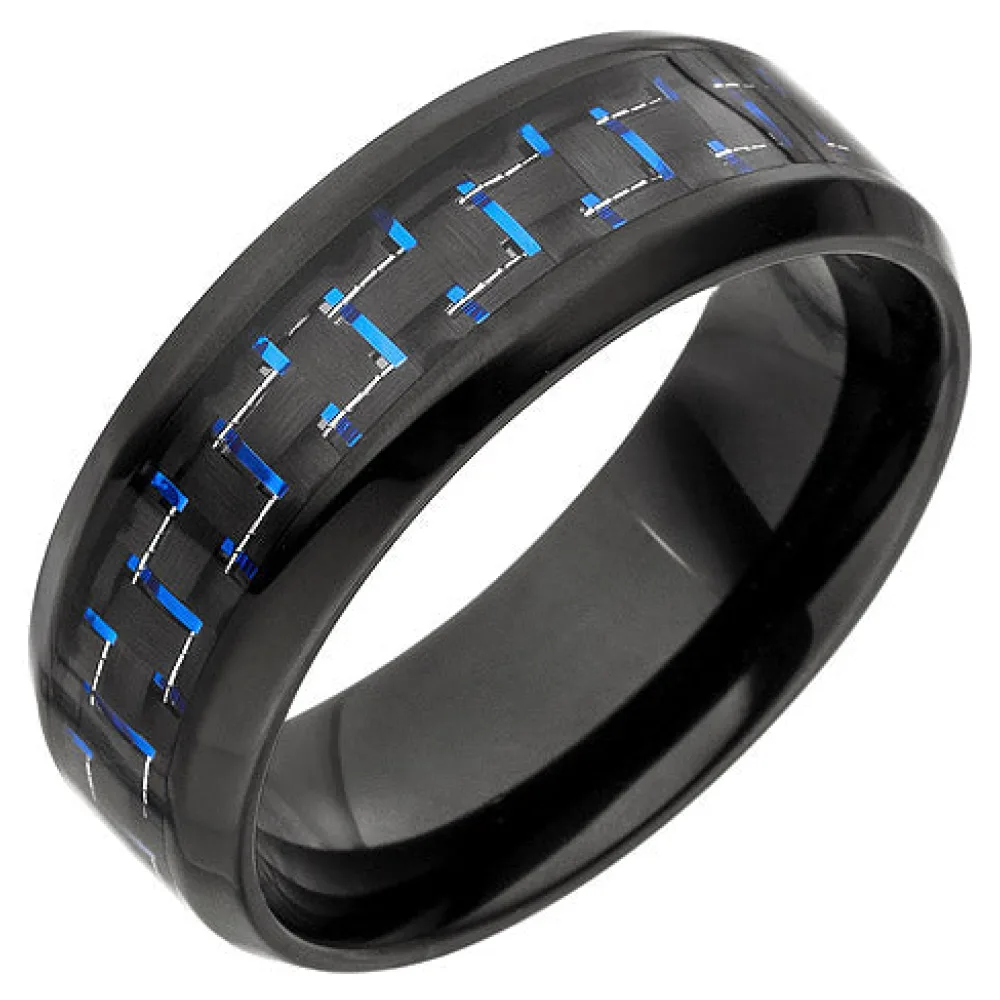 Herren Ring Edelstahl schwarz beschichtet mit Carbon Einlage blau-60