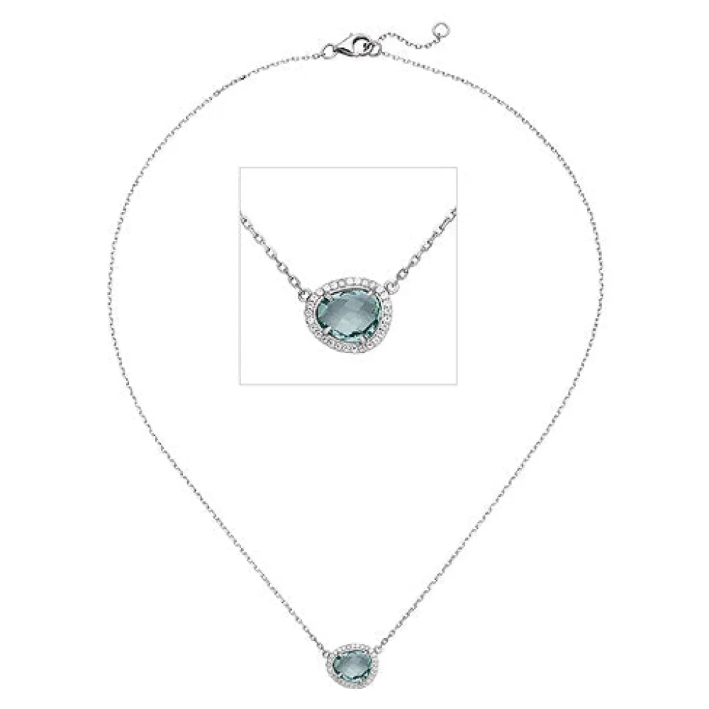 Kette mit Anhänger 925 Silber 1 Glasstein blau hellblau 29 Zirkonia 45 cm
